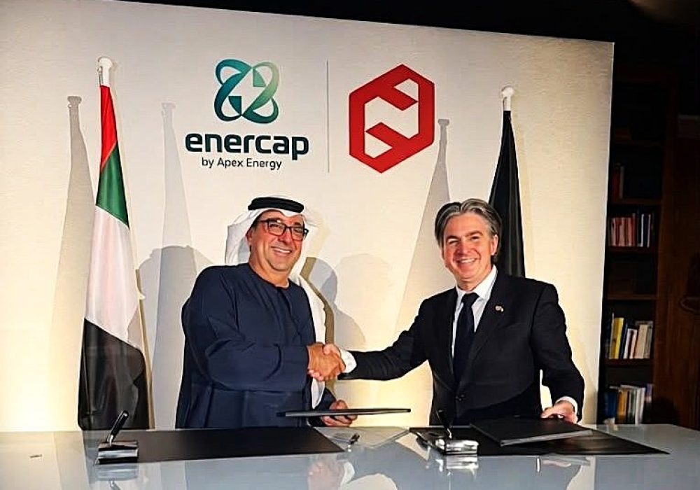 Enercap by Apex Energy and New Loaded Energy representatives sign a 100 MWh strategic partnership at the UAE–Germany Business Forum in Munich.